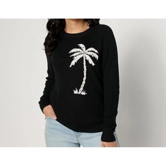 Belle Beach Kim Gravel Size 1X Black Palm Tree Shaker Knit Sweater A643640 - Picture 1 of 8